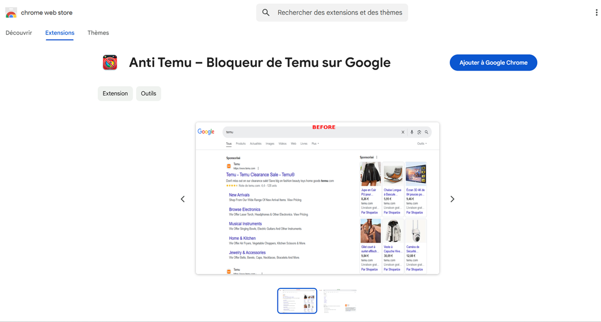 extension chrome bloqueur de site tému sur google