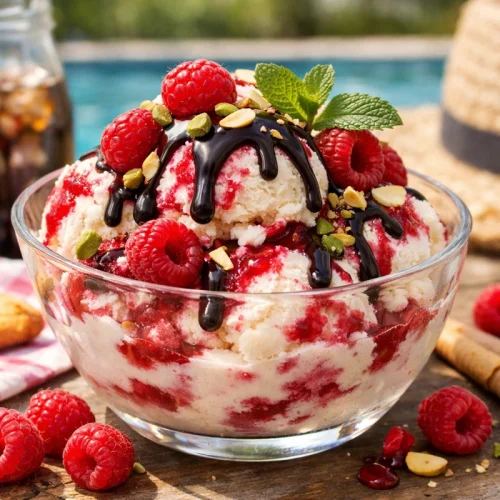 Crème glacée à la framboise et chocolat