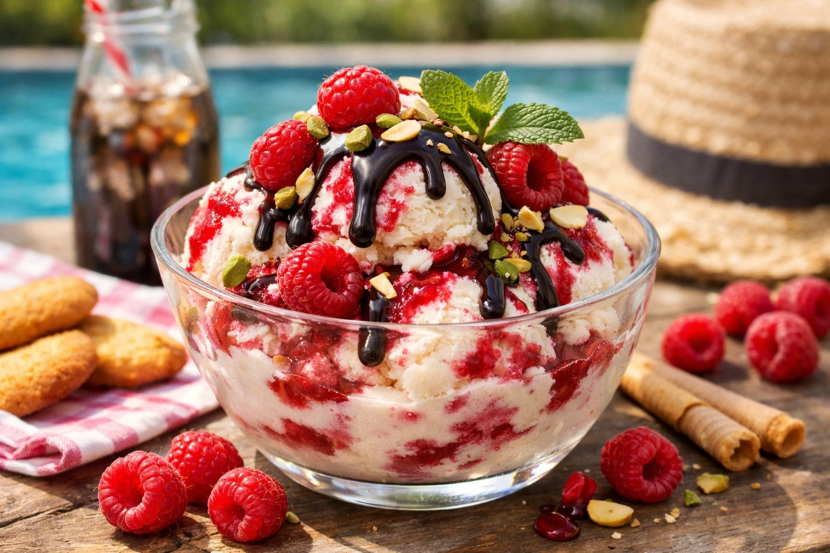 Crème glacée à la framboise et chocolat