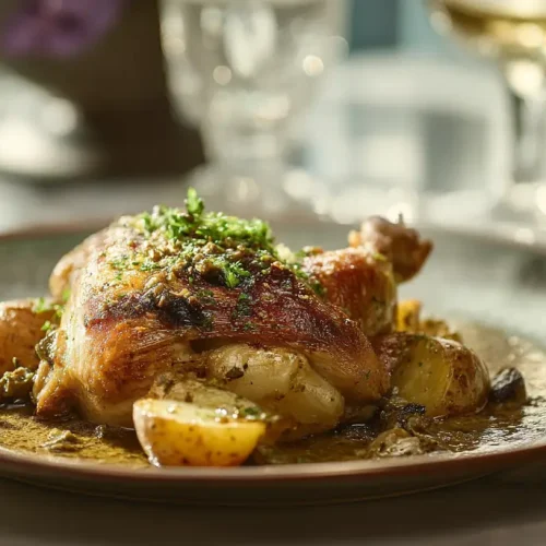 recette Poulet rôti au miel, moutarde et pommes de terre fondantes