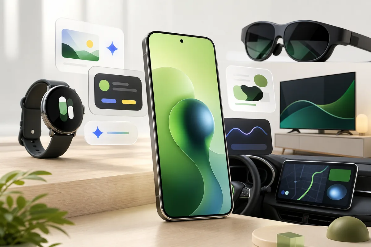 Illustration Android Show 2026 avec smartphone, Gemini et Android 17