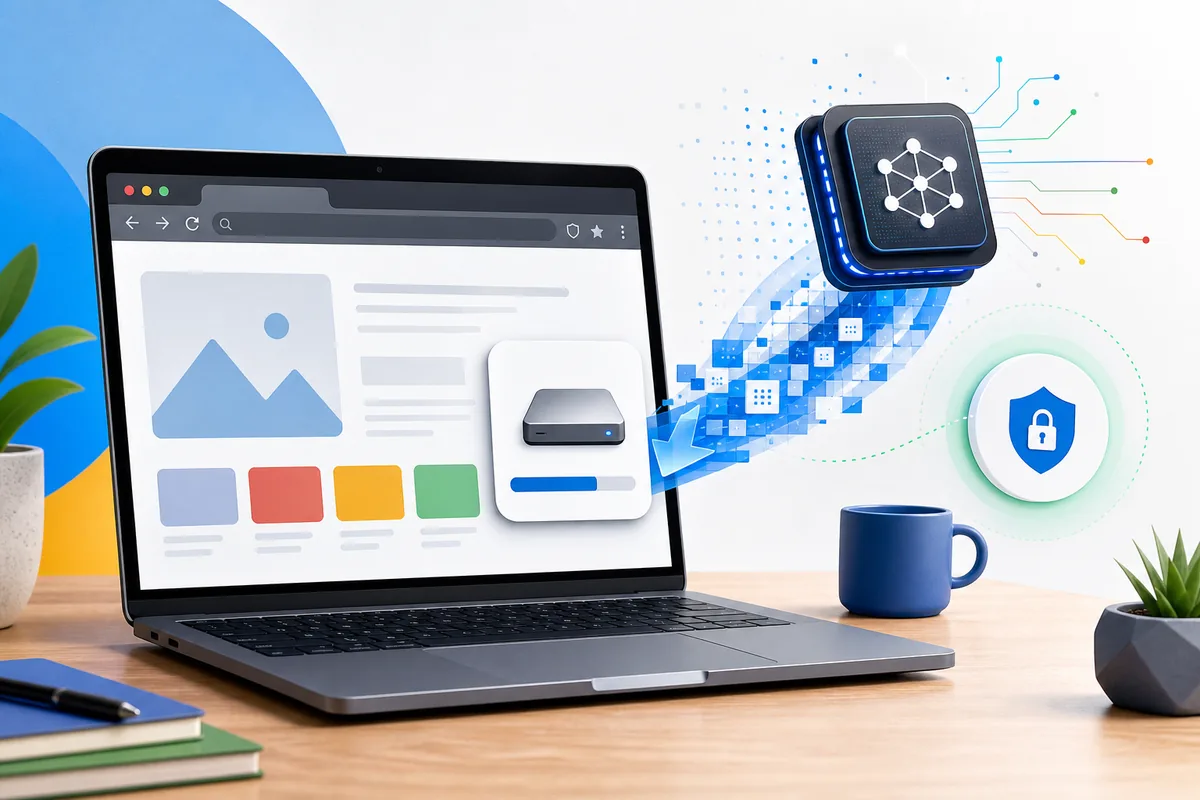 Illustration ordinateur avec Chrome et modele IA local Gemini Nano