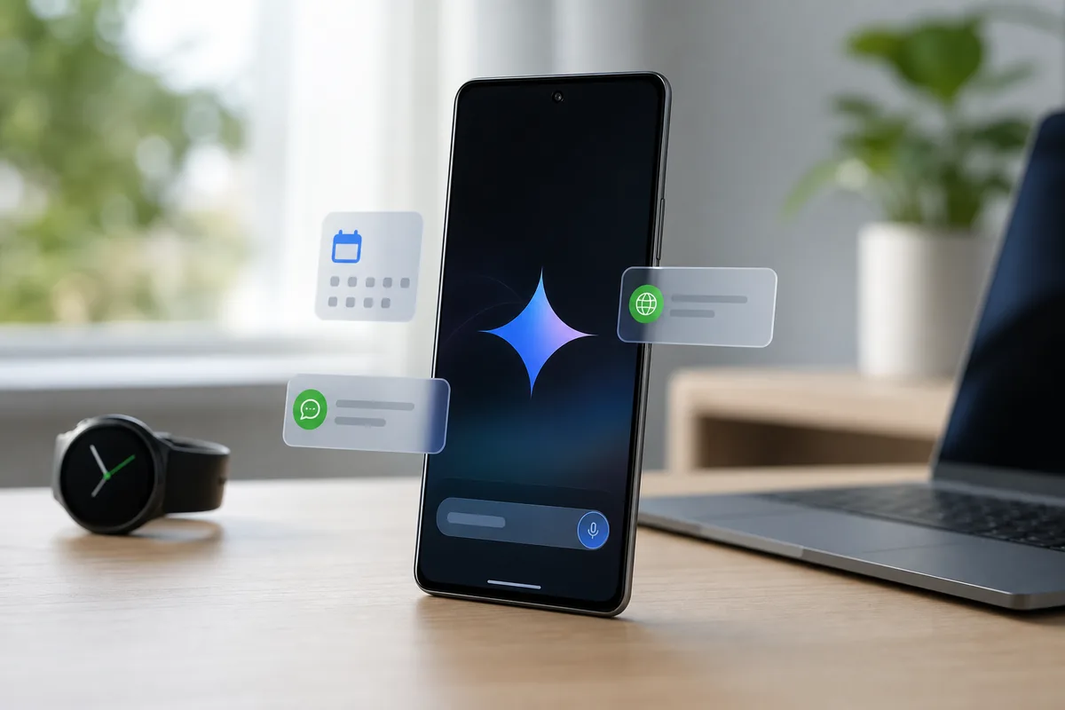 Smartphone Android avec assistant IA, montre connectée et ordinateur sur un bureau lumineux