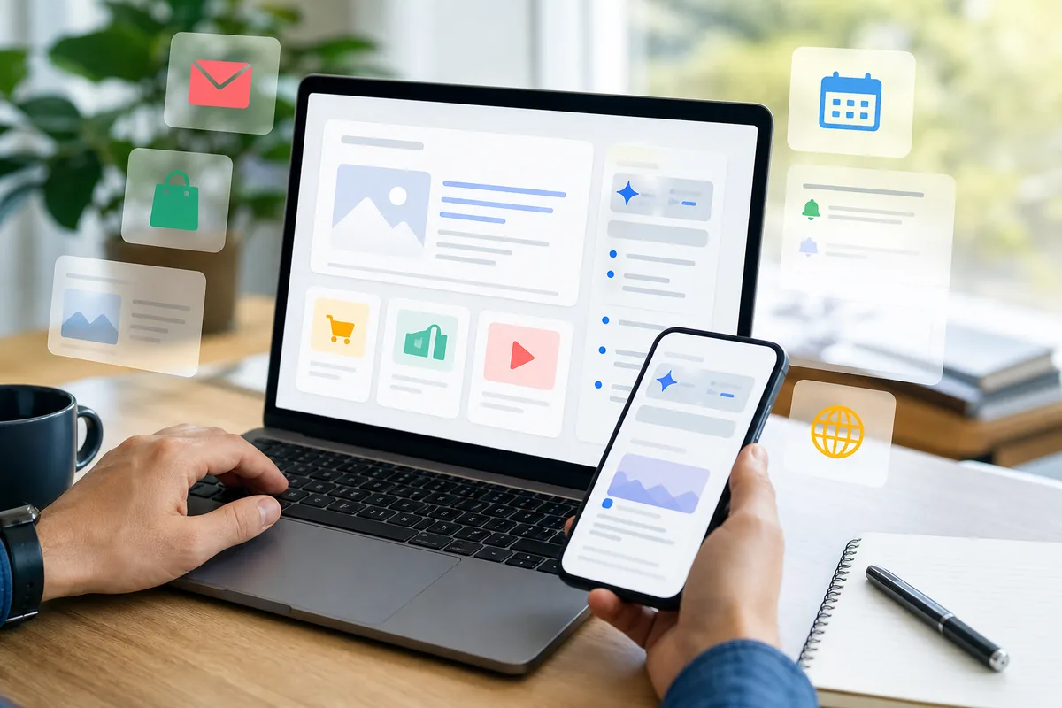 Interface de recherche IA sur ordinateur et smartphone