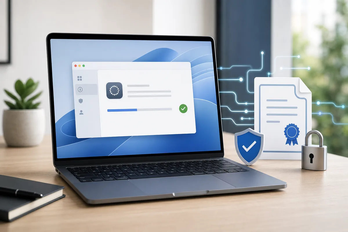 Mac affichant une mise à jour de sécurité pour des apps OpenAI avec certificat et cadenas