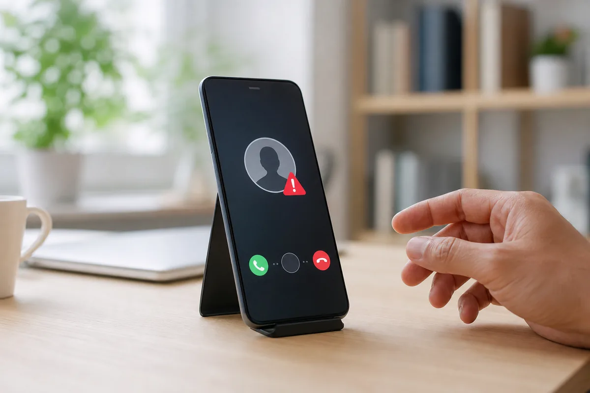 Smartphone Android affichant une alerte de faux appel lié aux arnaques vocales IA
