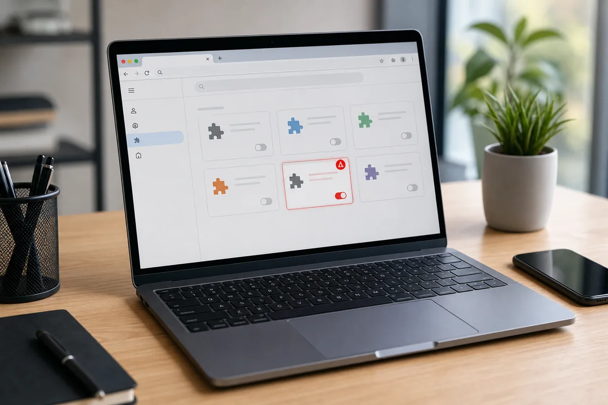 ordinateur avec alerte de sécurité sur une extension Chrome