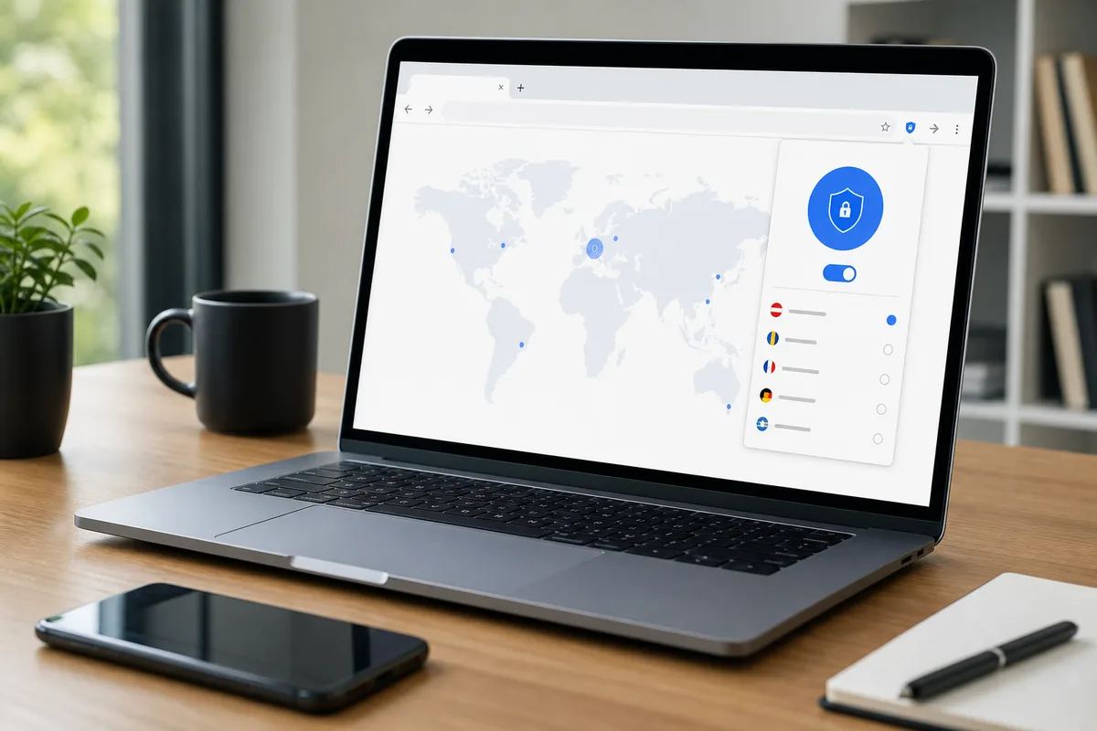 Extension NordVPN Chrome affichée sur un ordinateur portable avec une carte VPN