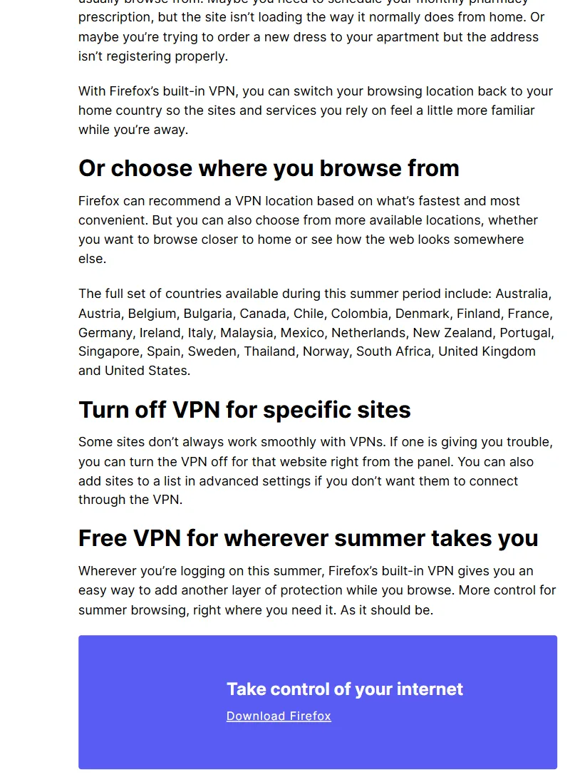 choix de pays et option par site pour le VPN intégré Firefox
