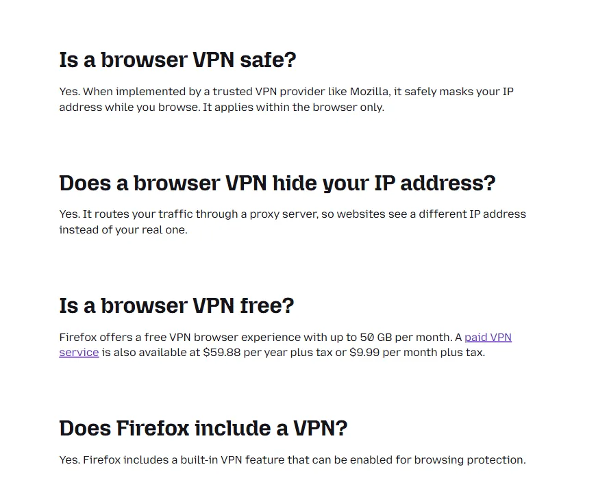 questions fréquentes sur la gratuité et les limites du VPN Firefox
