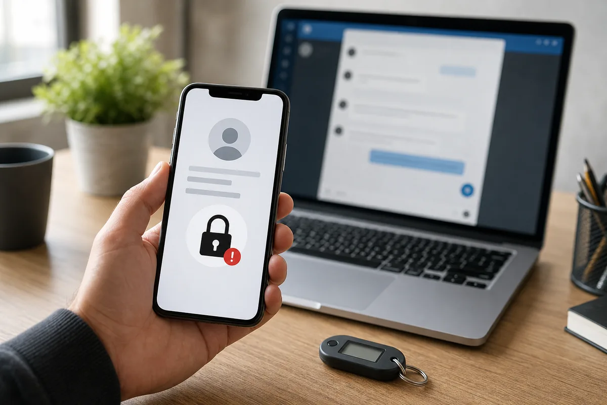 Smartphone avec écran de sécurité de compte social et ordinateur de support IA en arrière plan