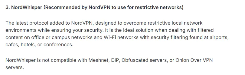 Limites de compatibilité NordWhisper dans NordVPN