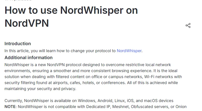 Disponibilité et limites NordWhisper sur la page d’aide NordVPN