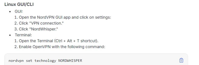Commande Linux pour activer NordWhisper dans NordVPN