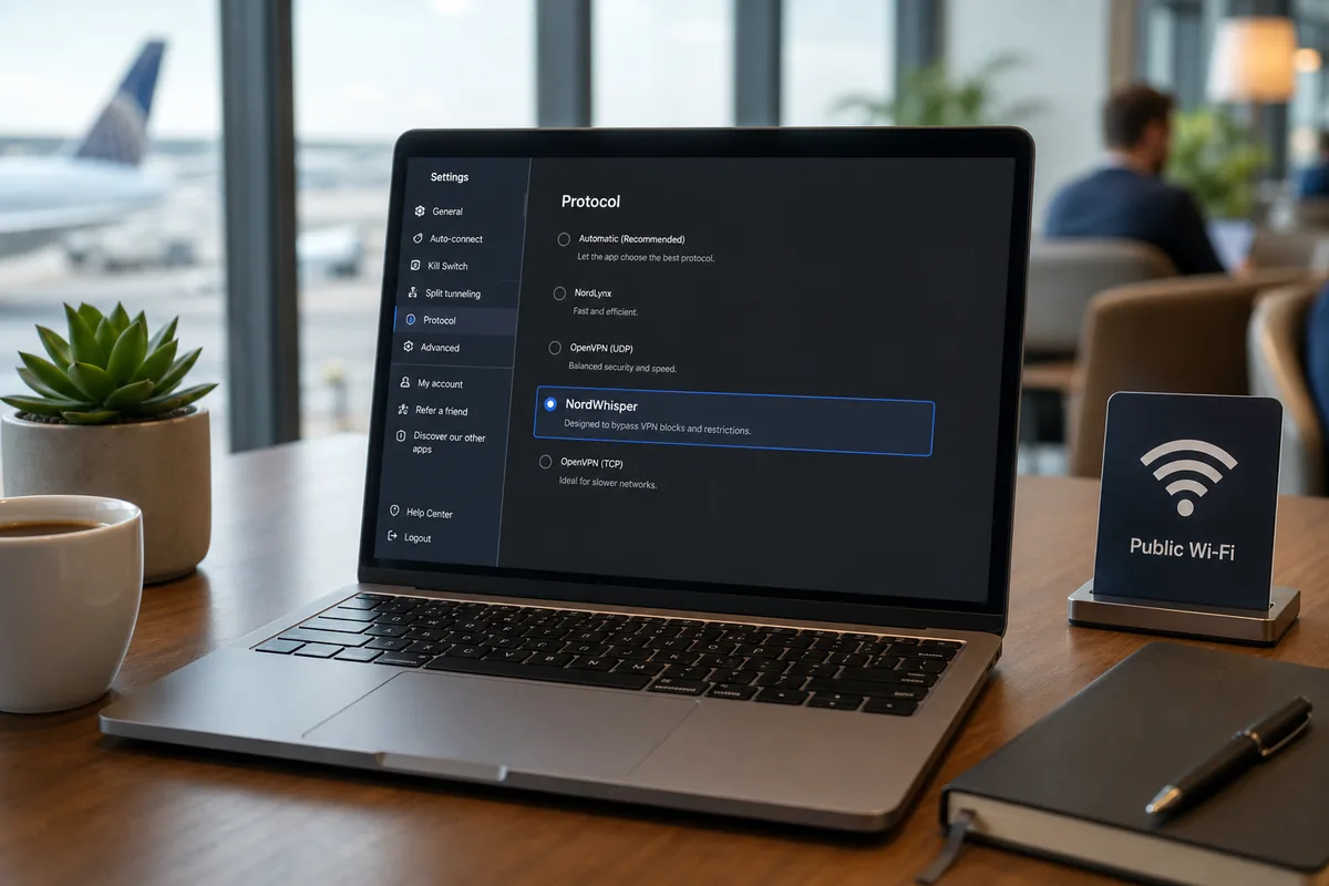 NordWhisper activé dans NordVPN sur un ordinateur connecté à un Wi-Fi public