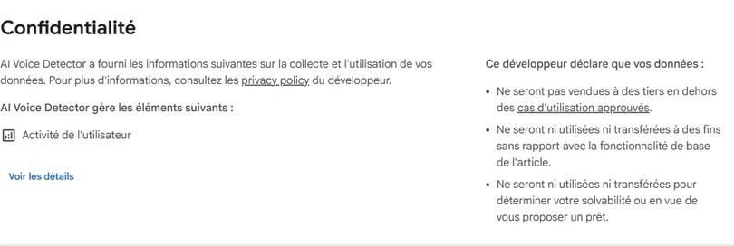 Section confidentialité AI Voice Detector dans le Chrome Web Store
