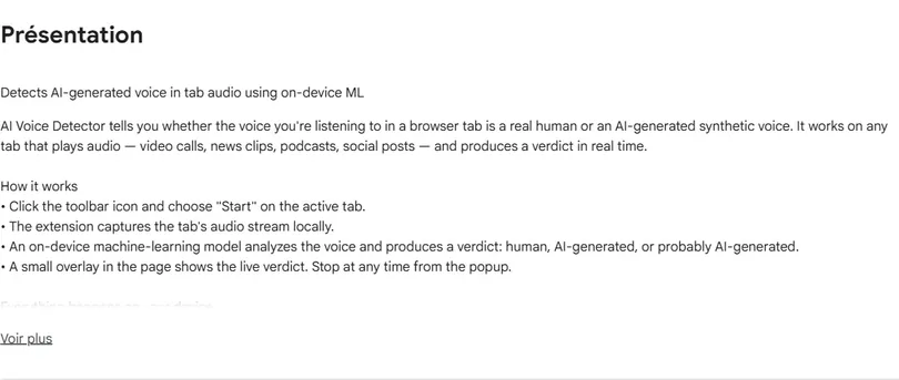 Présentation AI Voice Detector dans le Chrome Web Store
