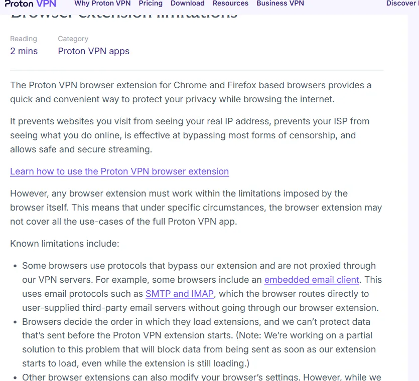 Limites de l’extension Proton VPN pour Firefox