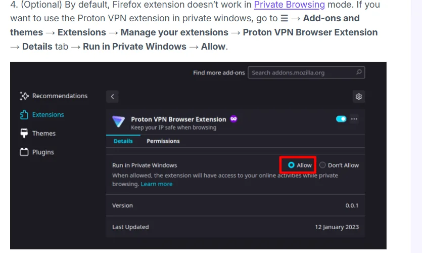 Autorisation Proton VPN dans les fenêtres privées de Firefox