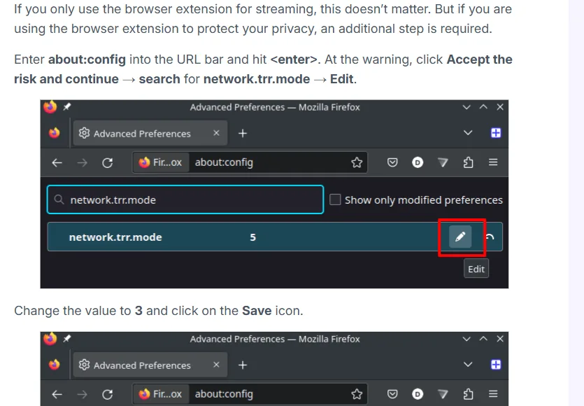 Réglage network.trr.mode dans Firefox pour Proton VPN
