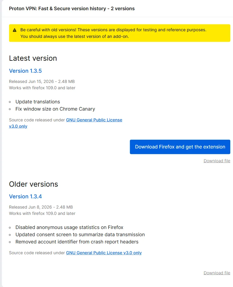 Historique de version Proton VPN Firefox avec version 1.3.5