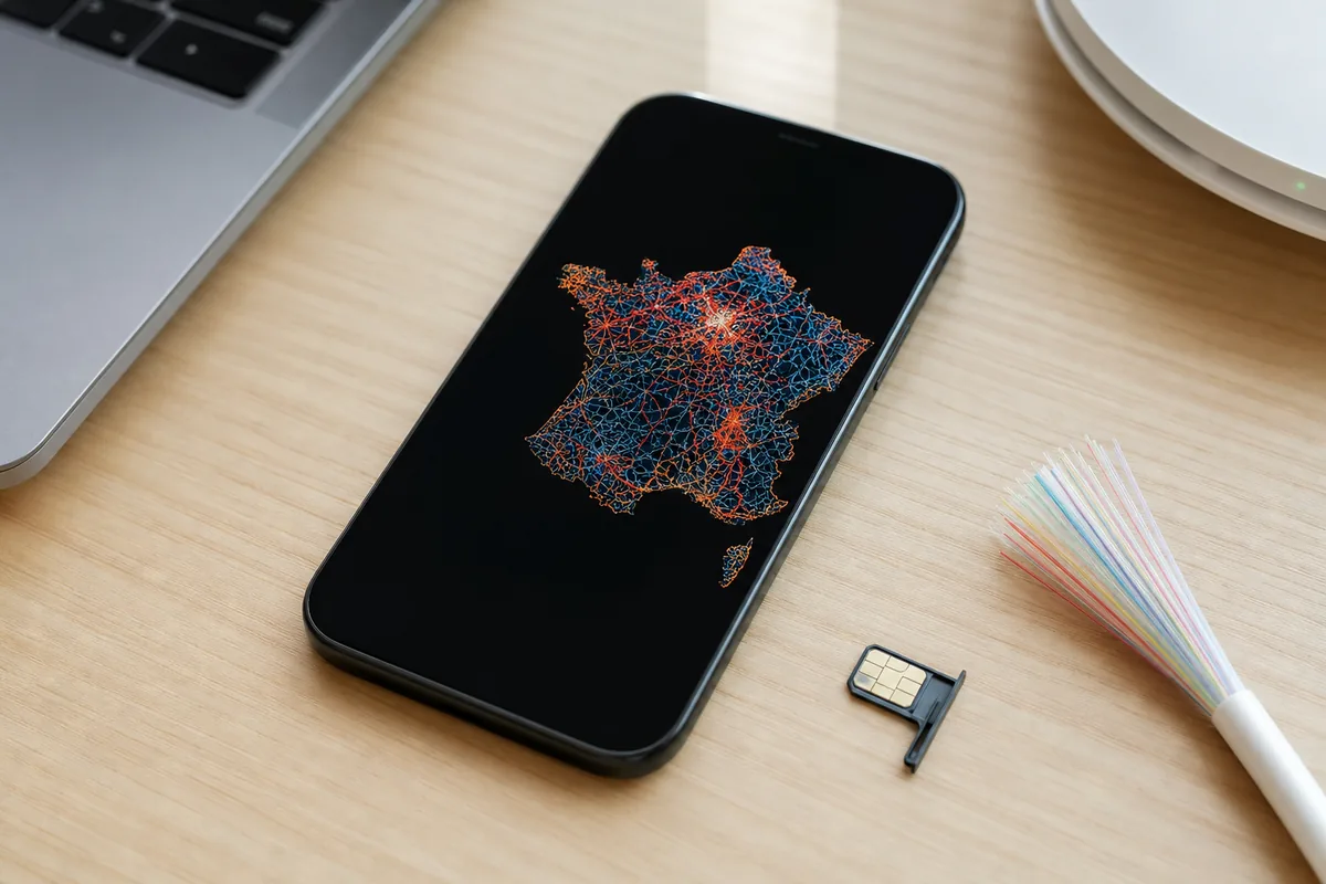 smartphone affichant une carte réseau avec carte SIM et fibre optique sur un bureau