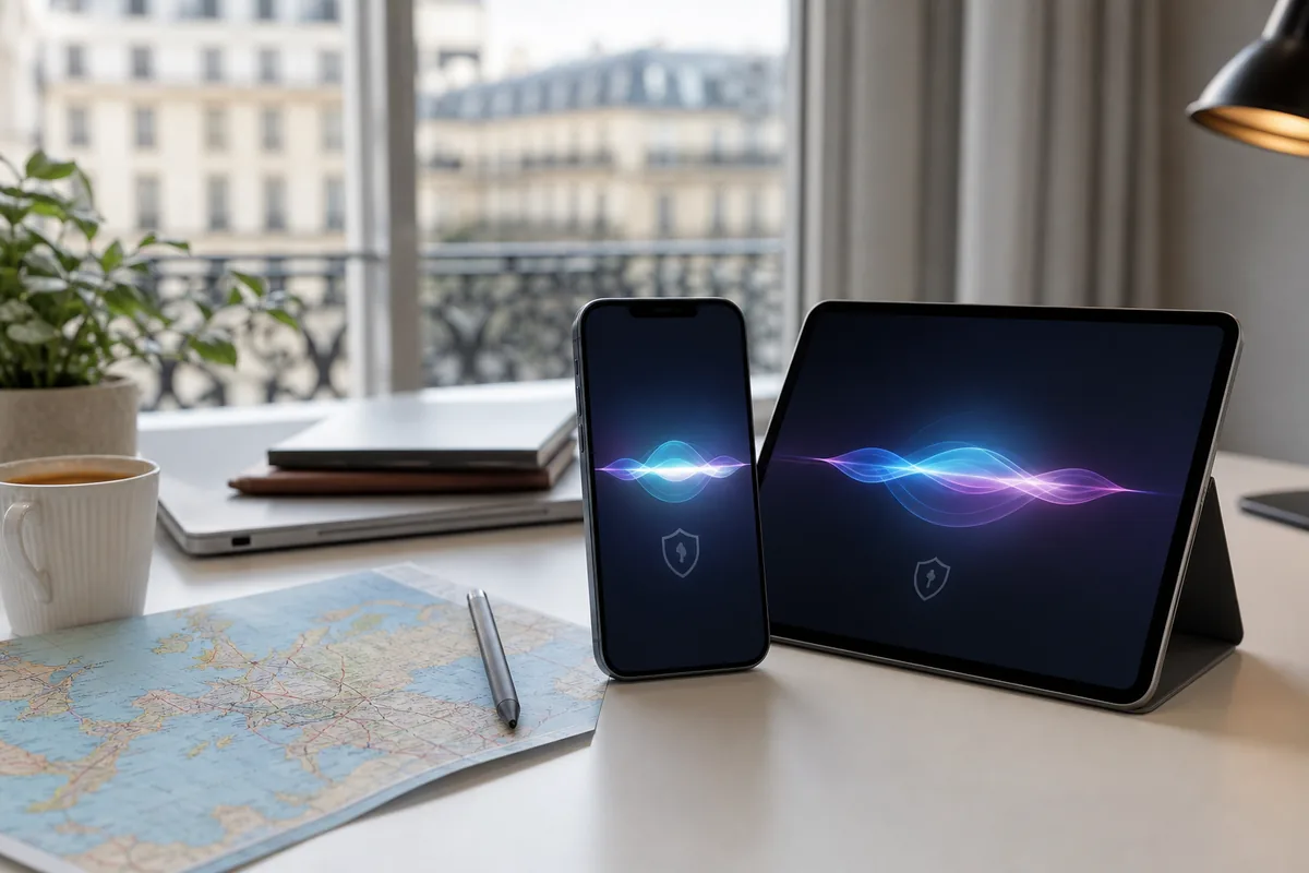 iPhone et iPad avec interface d’assistant vocal IA sur un bureau en Europe