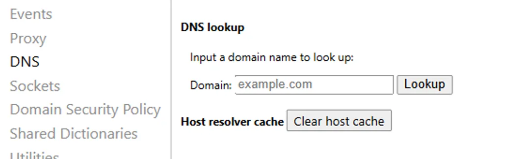 Bouton Clear host cache dans la page DNS de Chrome