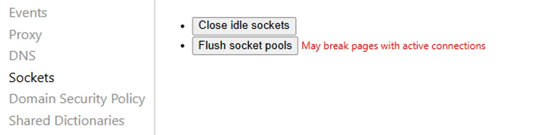Bouton Flush socket pools dans la page Sockets de Chrome