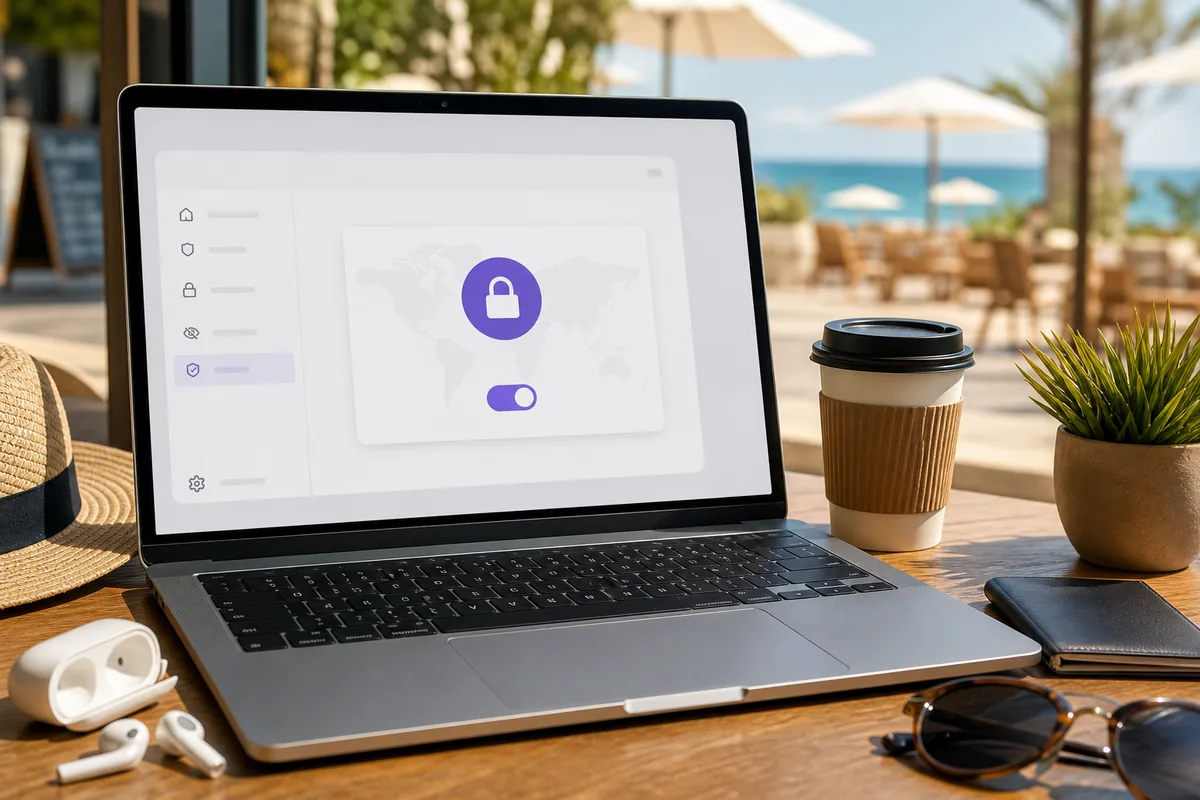 ordinateur portable avec réglage VPN activé dans un navigateur en voyage