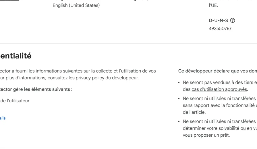 confidentialité Chrome Web Store et déclarations développeur de AI Voice Detector