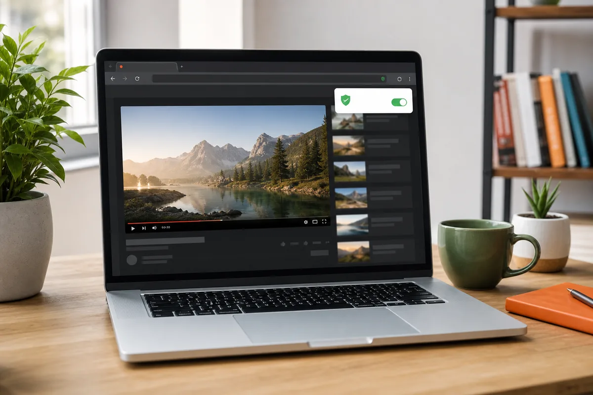 ordinateur affichant une vidéo web avec blocage des pubs dans un navigateur privé