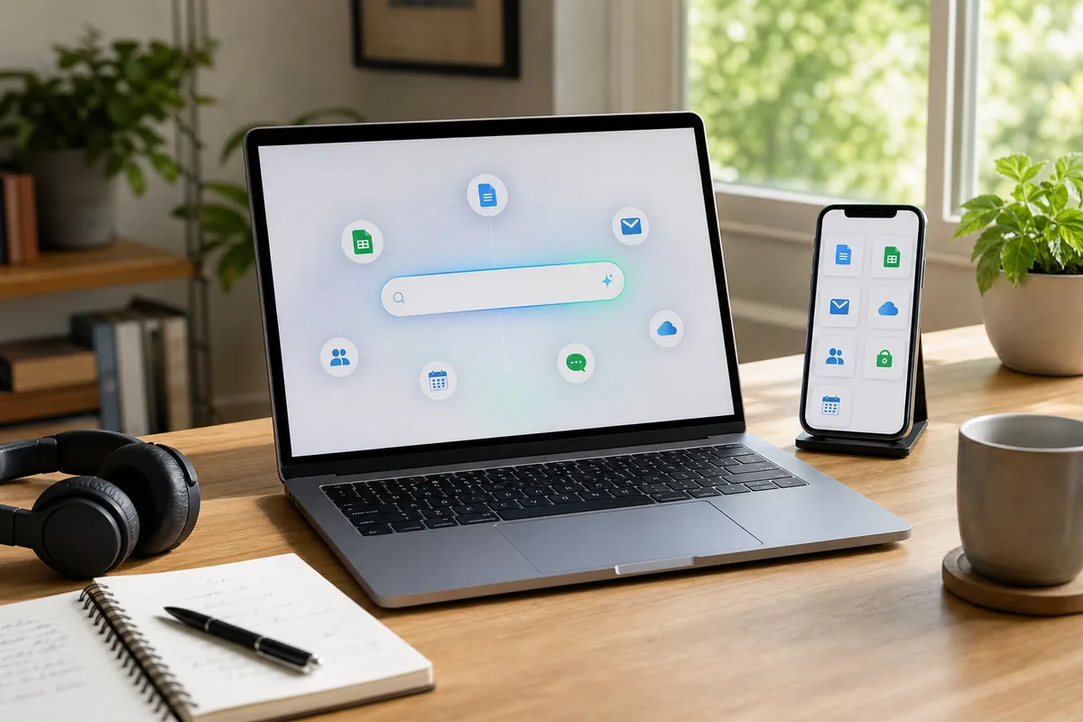 Ordinateur affichant une recherche IA avec des apps connectées
