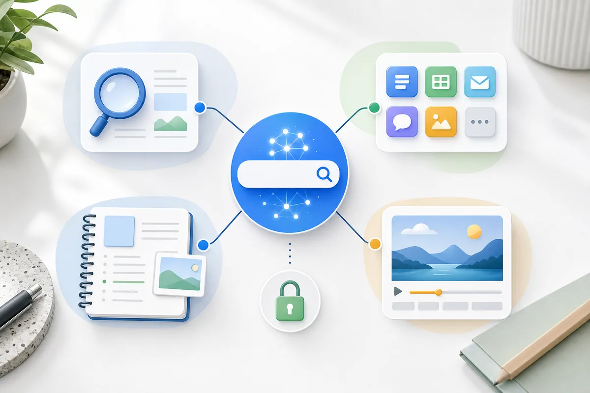 Schéma de Google AI Mode relié aux apps connectées Gemini Notebook et Google Vids