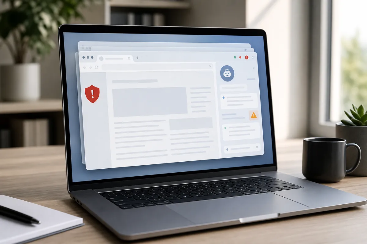 ordinateur affichant un navigateur IA avec alertes de sécurité