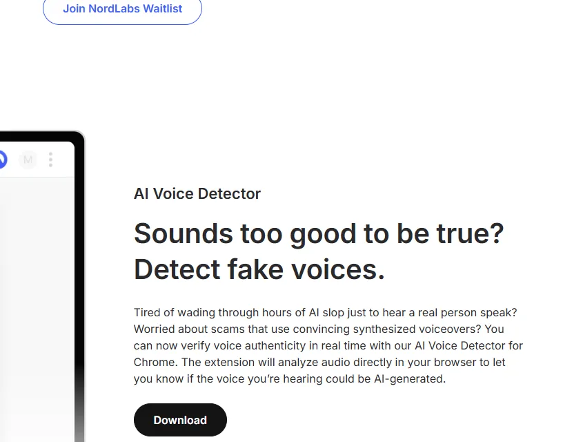 section NordLabs dédiée au détecteur de voix IA pour Chrome