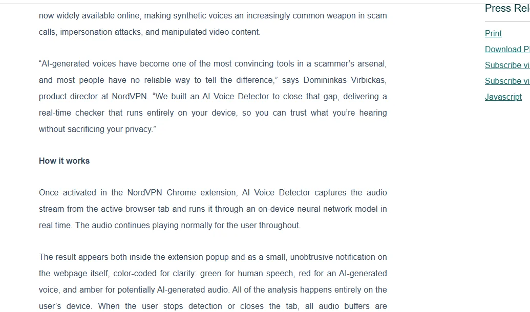 communiqué NordVPN expliquant les verdicts de AI Voice Detector