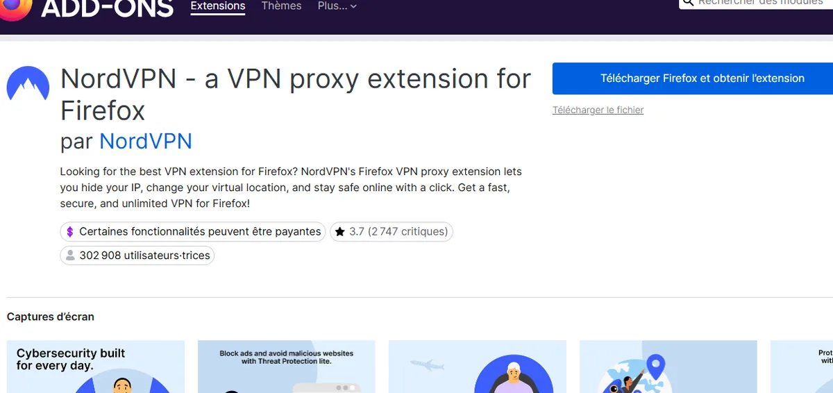 fiche officielle Mozilla Add-ons de l’extension NordVPN pour Firefox