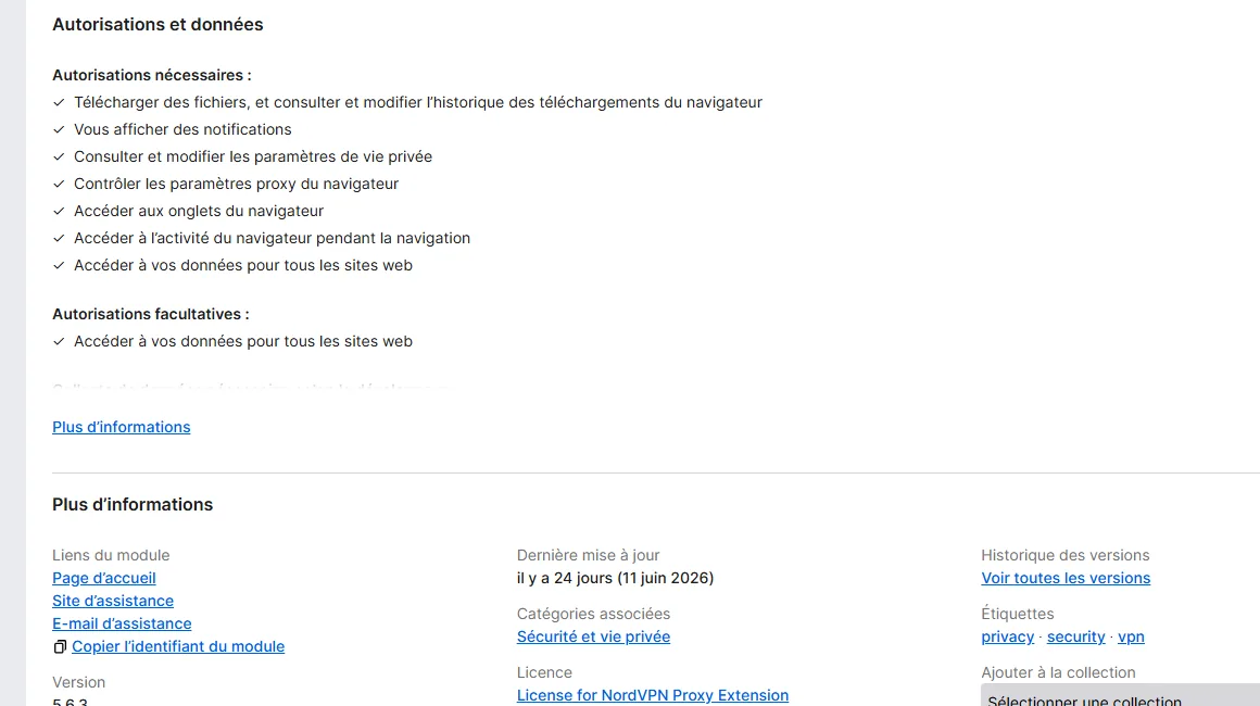 permissions de l’extension NordVPN Firefox liées aux onglets et au proxy