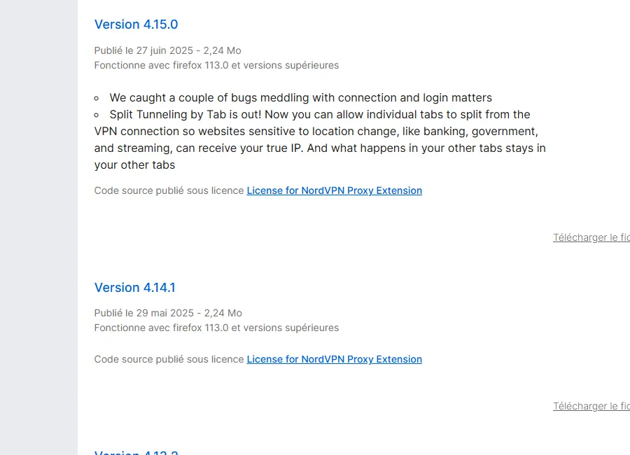 historique de version NordVPN Firefox avec split tunneling par onglet