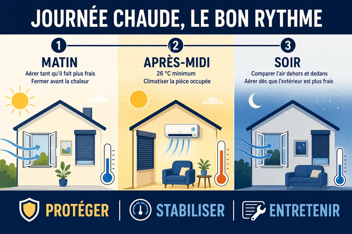 Programme d’une journée chaude pour rafraîchir le logement et utiliser la climatisation à 26 degrés