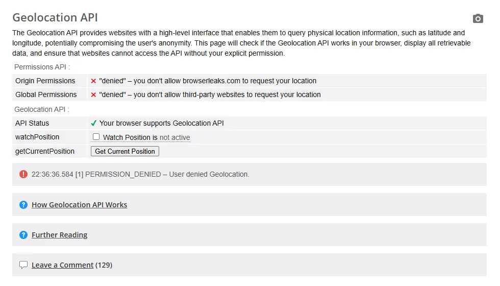 test BrowserLeaks Geolocation API pour vérifier la position du navigateur