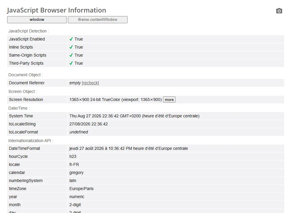 test BrowserLeaks JavaScript montrant le fuseau horaire du navigateur