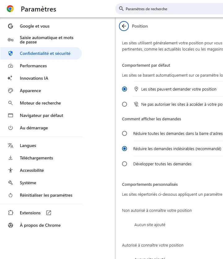 réglage Position de Chrome pour bloquer la demande automatique de localisation