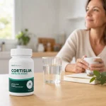 Flacon CortiSlim dans une routine matinale avec un verre d’eau