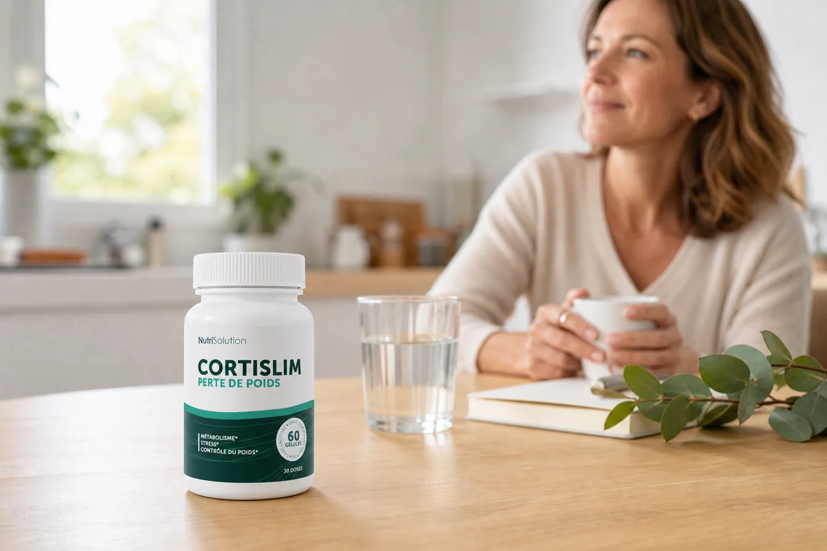 Flacon CortiSlim dans une routine matinale avec un verre d’eau