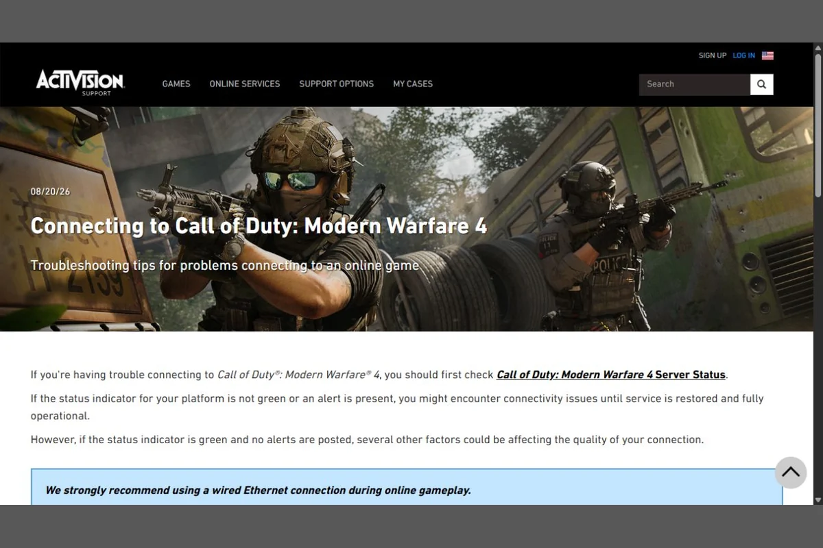 assistance Activision pour vérifier la connexion de Modern Warfare 4