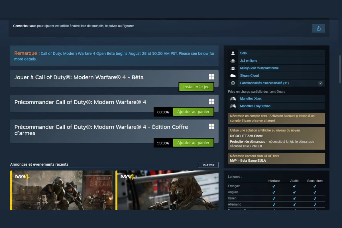 exigences Secure Boot et TPM 2.0 de Modern Warfare 4 sur Steam