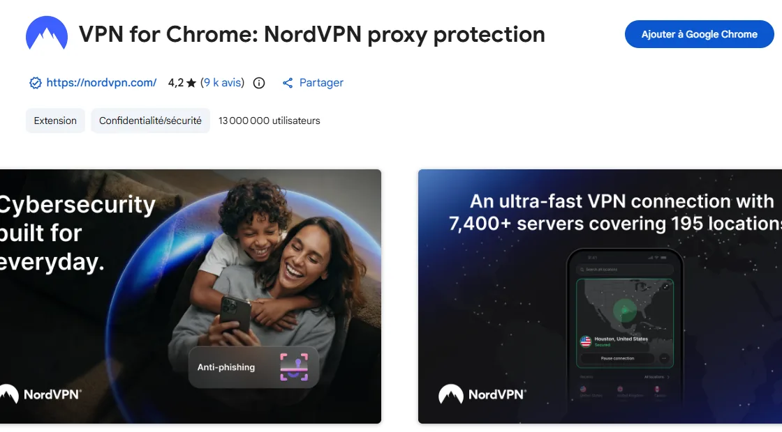 fiche Chrome Web Store de NordVPN pour changer la localisation Chrome