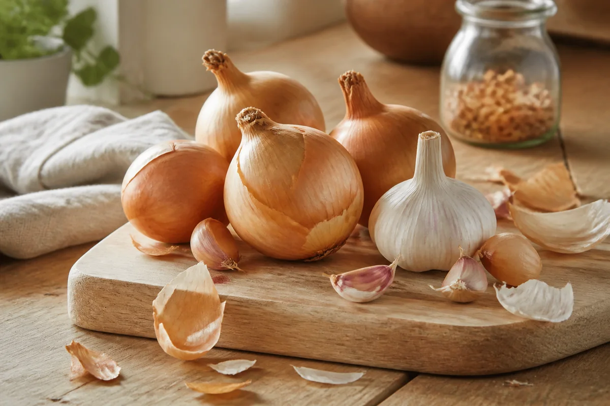 Oignons, ail et pelures sur une planche en bois dans une cuisine